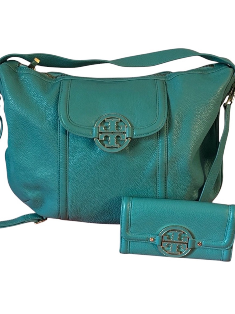 Tory Burch Teal Pebbled Leather Shoulder Bag with Wallet & dustbag